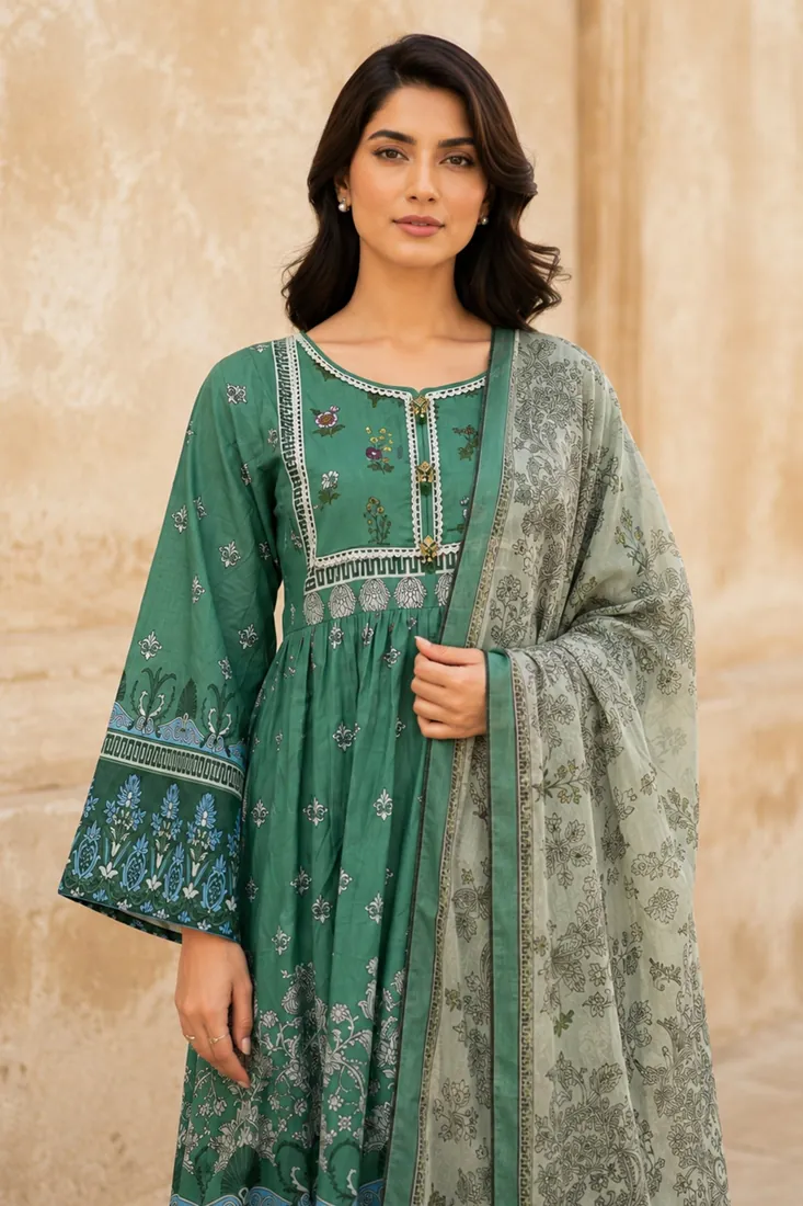 Green Printed Lawn 3-Piece Suit - image 3