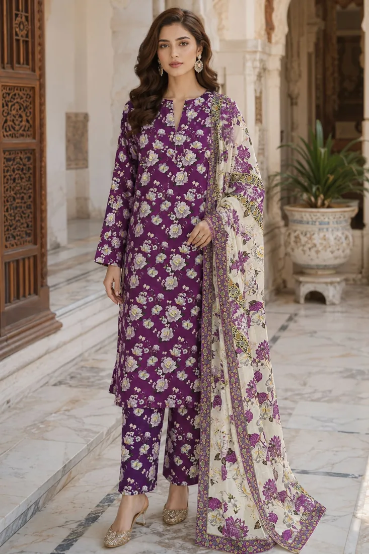 Purple Printed Doria Lawn 3-Piece Suit - image 1