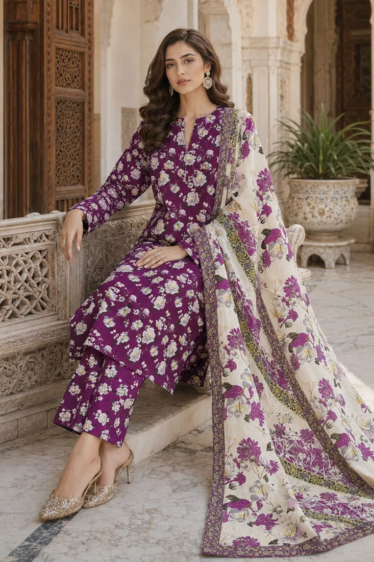 Purple Printed Doria Lawn 3-Piece Suit - image 2