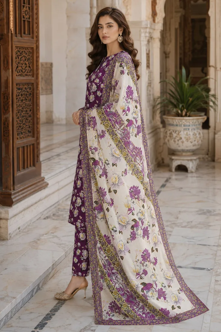 Purple Printed Doria Lawn 3-Piece Suit - image 3