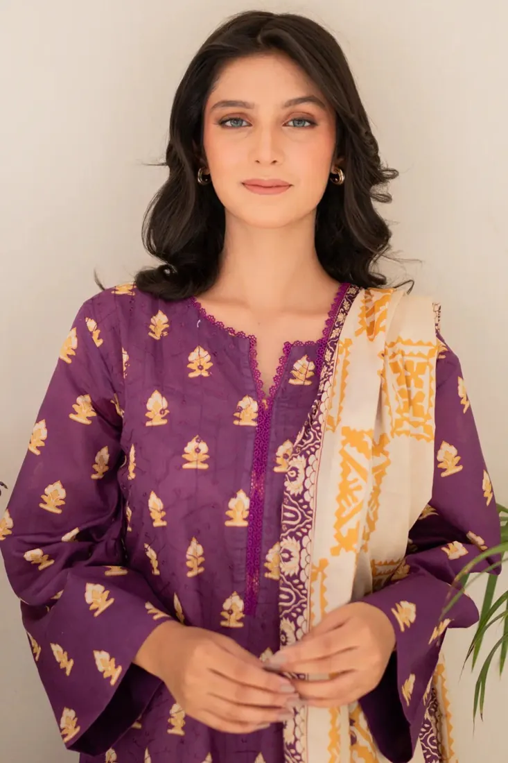Purple Chikankari Printed Lawn 3-Piece Suit - image 1