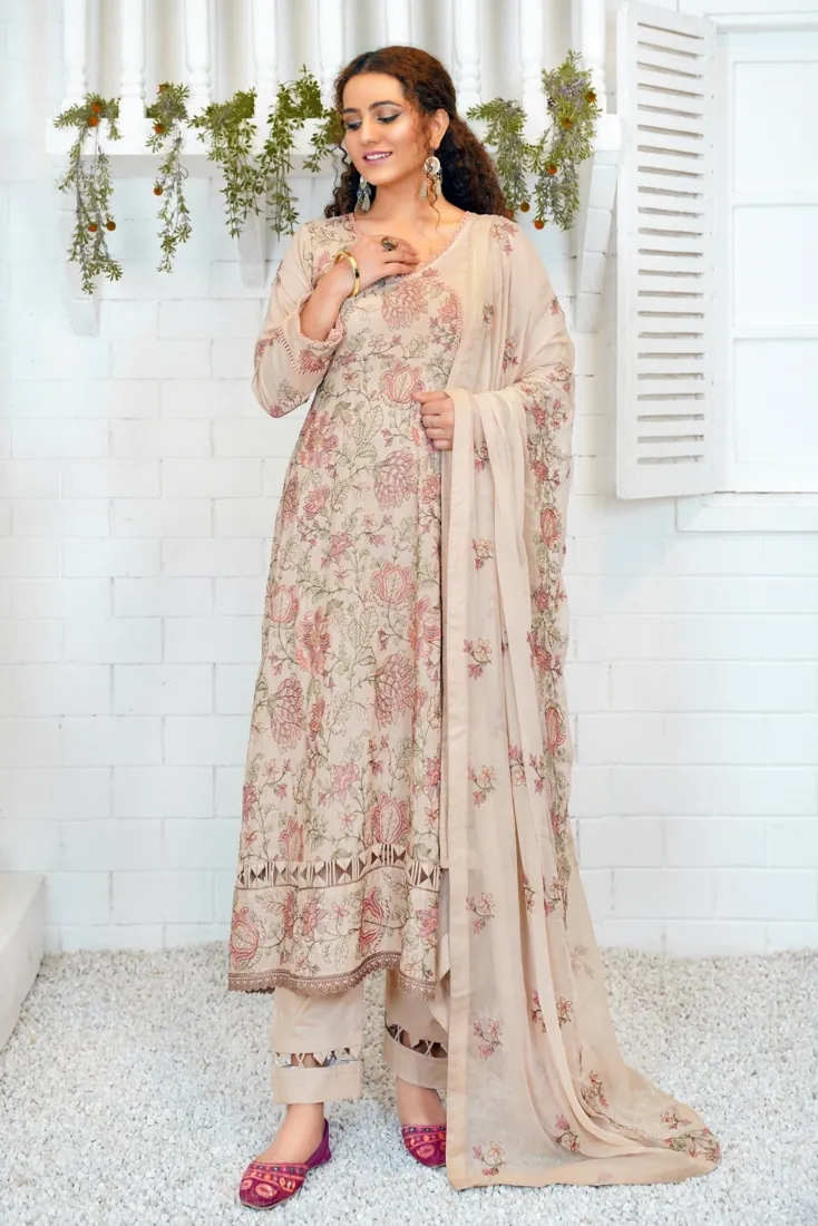 Nude Beige Embroidered Lawn 3-Piece Suit - image 1