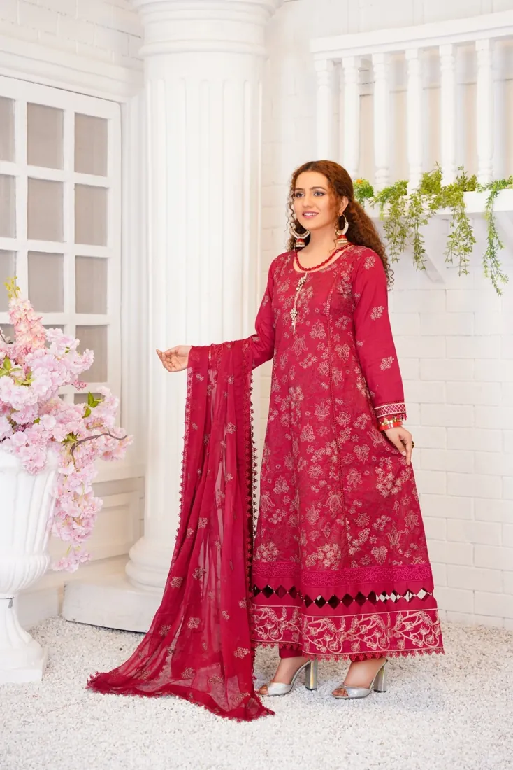 Red Embroidered Lawn 3-Piece Suit - image 1