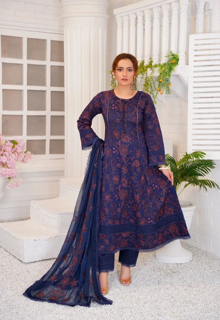 Navy Blue Embroidered Lawn 3-Piece Suit - image 2