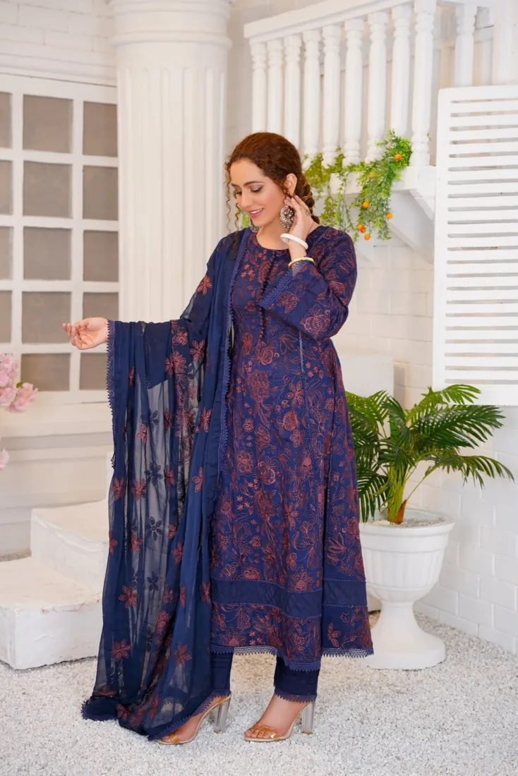 Navy Blue Embroidered Lawn 3-Piece Suit - image 3