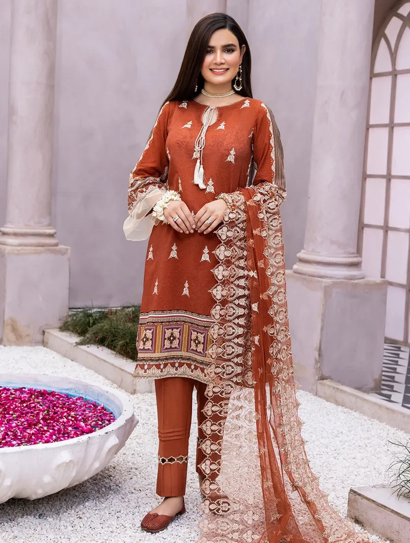 Rust Embroidered Printed Lawn 3-Piece Suit - image 1