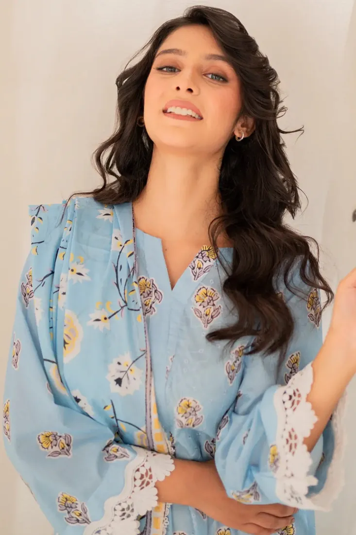 Sky Blue Chikankari Lawn 3-Piece Suit - image 1